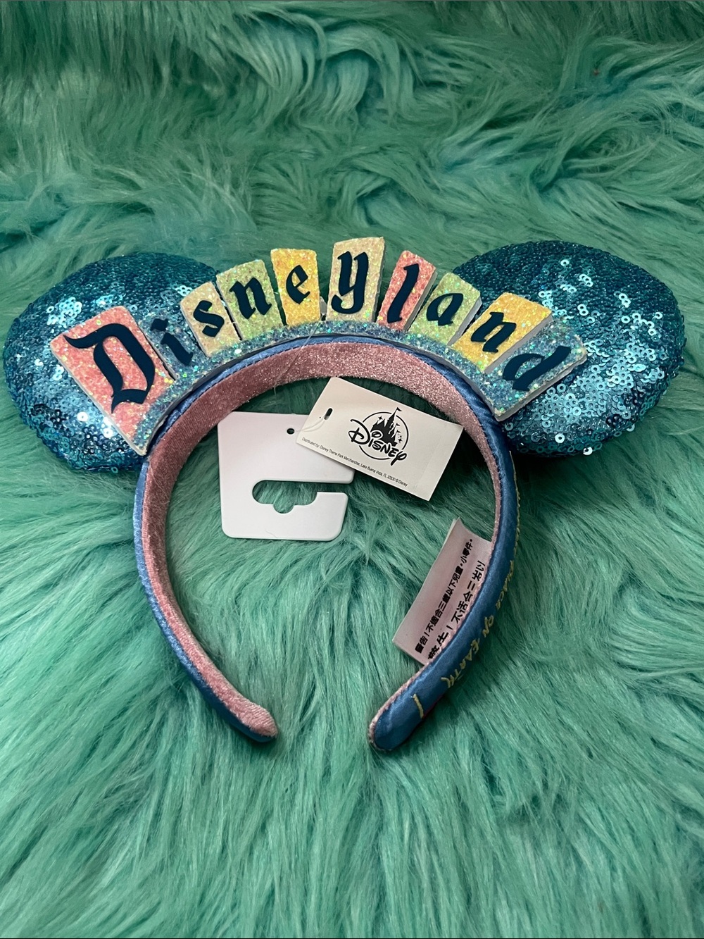 NWT Disney Teal Sequin marquee Minnie Ear Headband Happiest Place On Earth